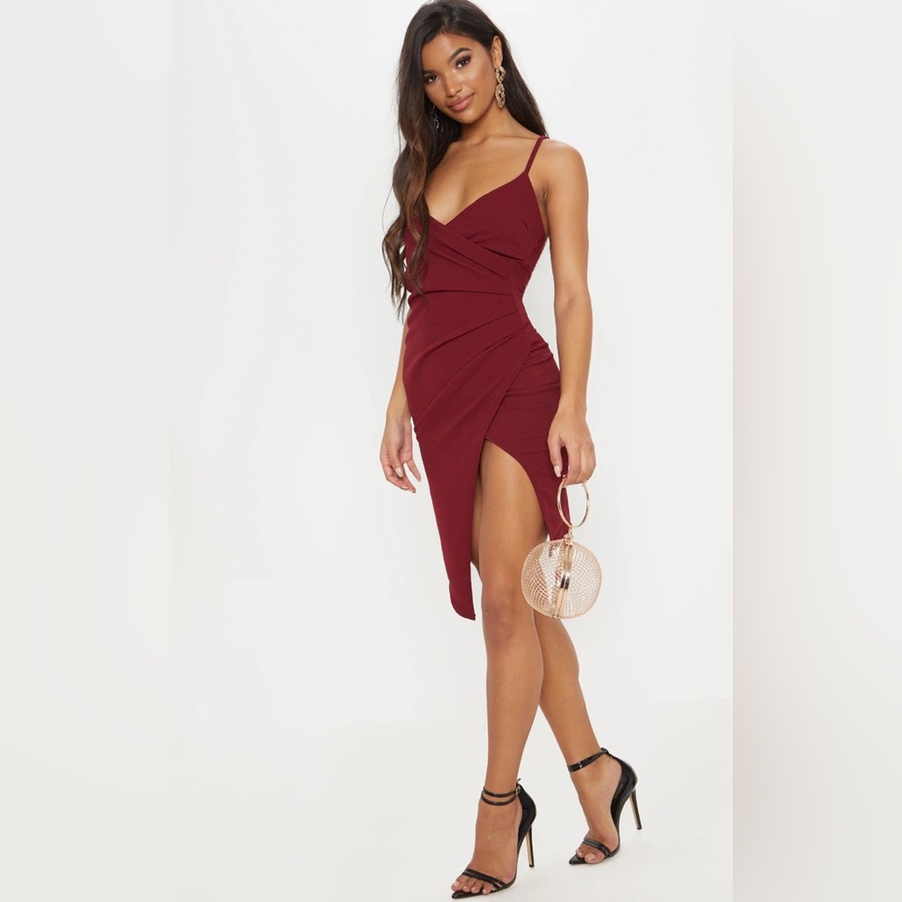 PrettyLittleThing Burgundy Asymmetric Mini Dress
